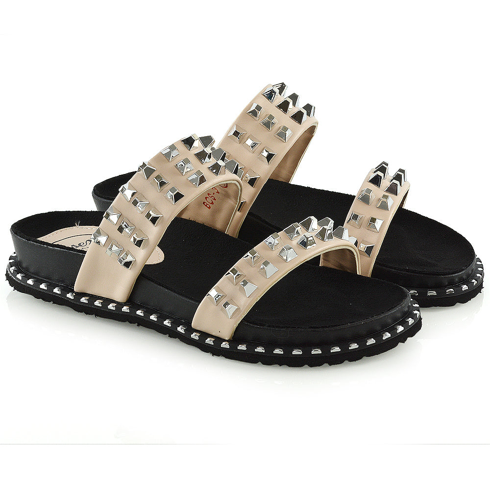 Hattie Slip On Double Strap Flat Summer Sandals Slides With Studs In Nude