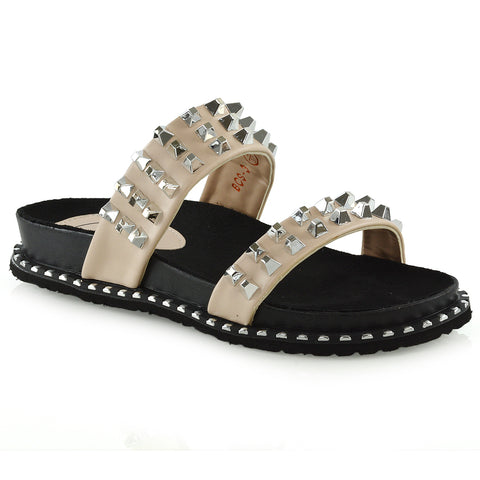 Hattie Slip On Double Strap Flat Summer Sandals Slides With Studs In Nude