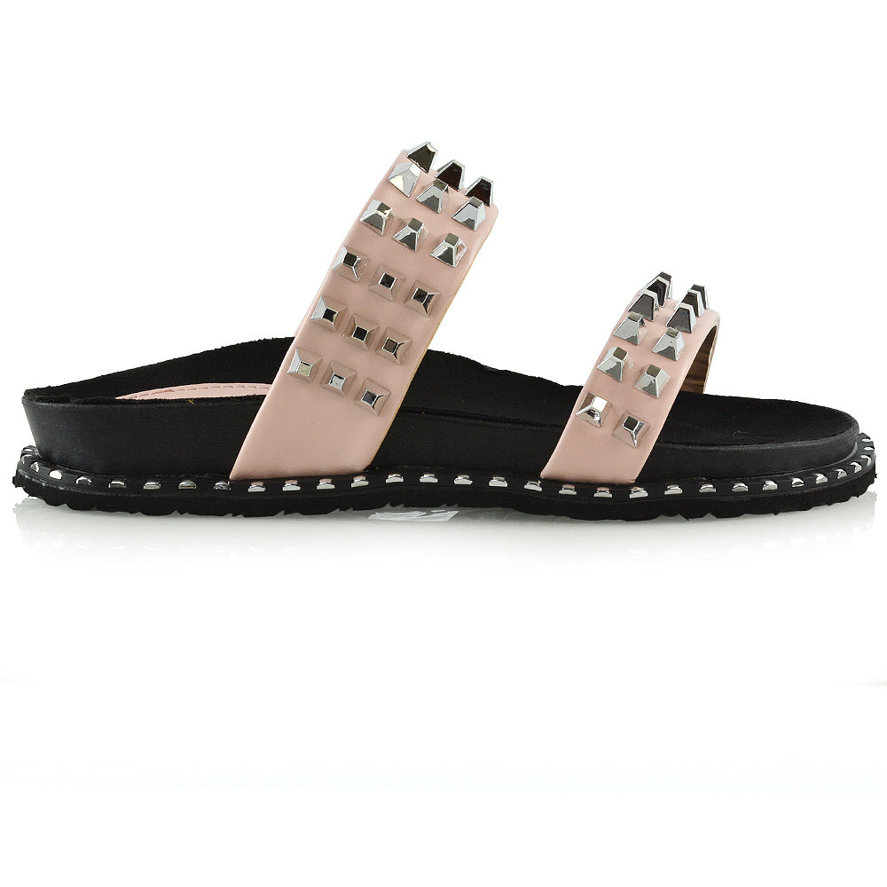 Hattie Slip On Double Strap Flat Summer Sandals Slides With Studs In Pink