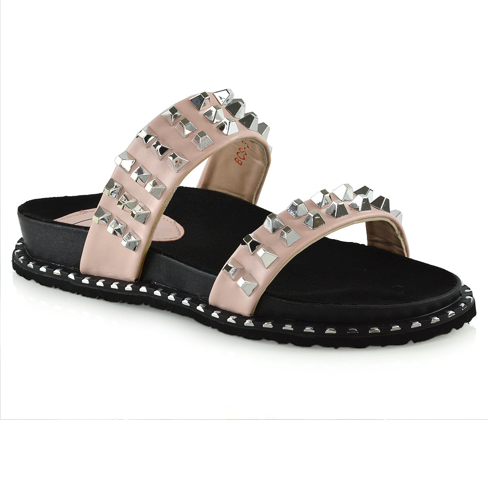 Hattie Slip On Double Strap Flat Summer Sandals Slides With Studs In Pink