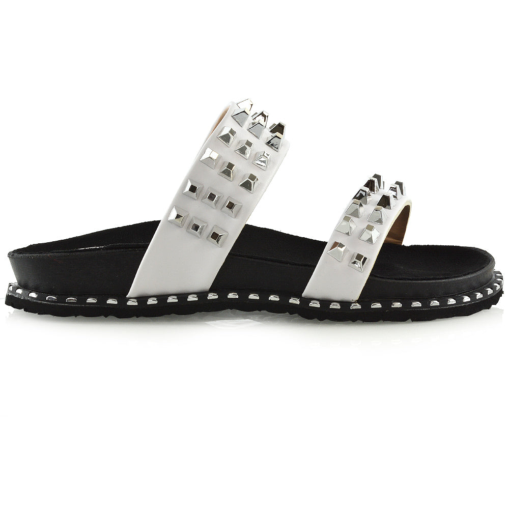 Hattie Slip On Double Strap Flat Summer Sandals Slides With Studs In White