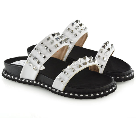 Hattie Slip On Double Strap Flat Summer Sandals Slides With Studs In White