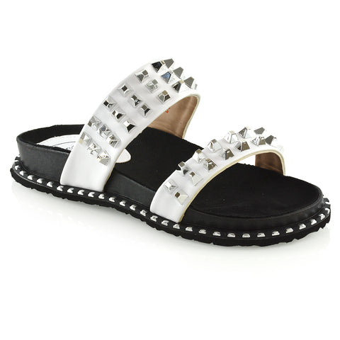 Hattie Slip On Double Strap Flat Summer Sandals Slides With Studs In White