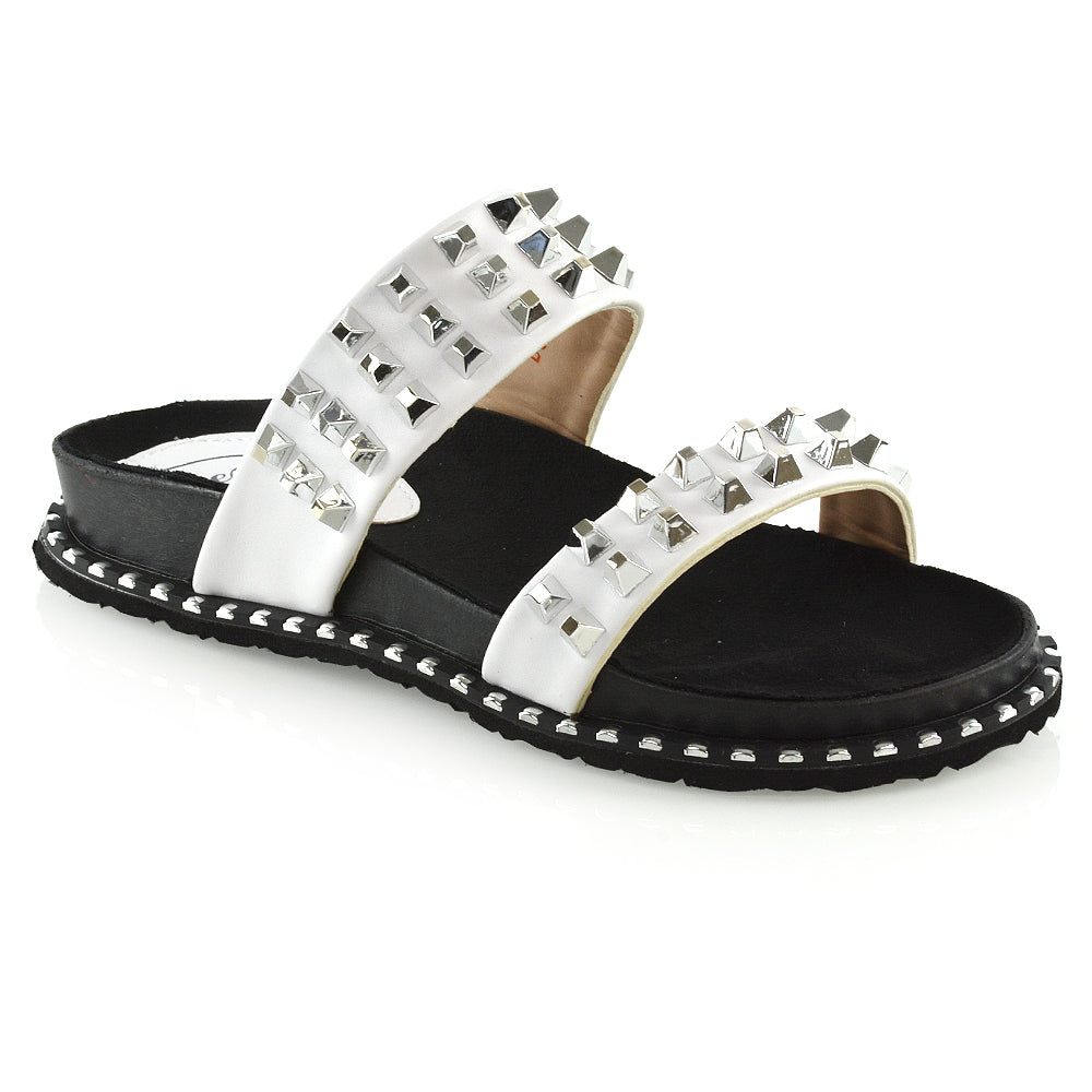 Hattie Slip On Double Strap Flat Summer Sandals Slides With Studs In White