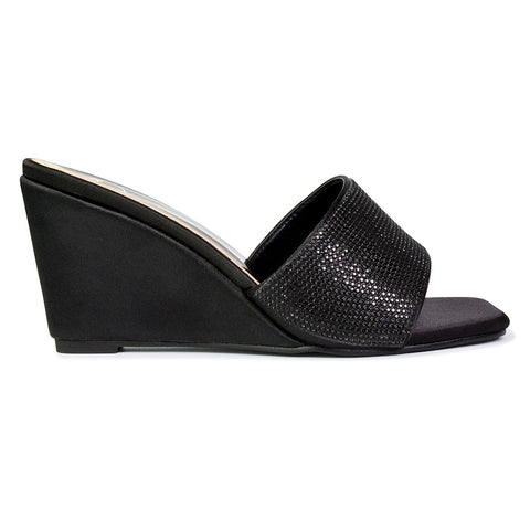 Eliza Slip On Mule Diamante Sandal Wedge Heels With Square Toe in Black