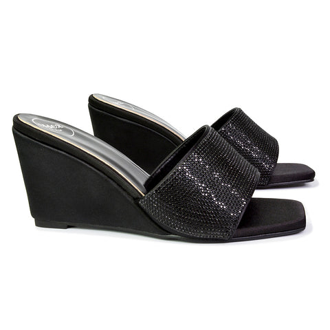 Eliza Slip On Mule Diamante Sandal Wedge Heels With Square Toe in Black