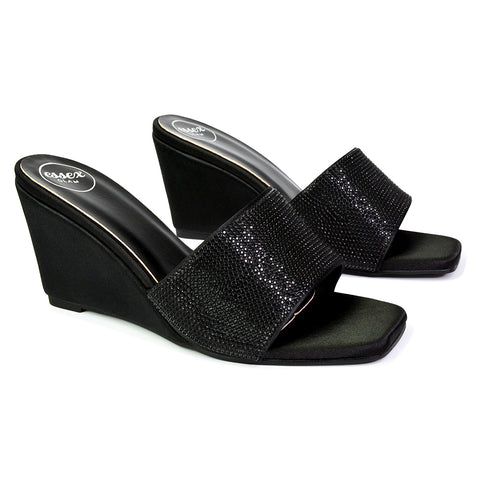 Eliza Slip On Mule Diamante Sandal Wedge Heels With Square Toe in Black