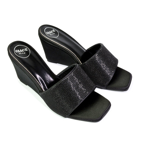 Eliza Slip On Mule Diamante Sandal Wedge Heels With Square Toe in Black
