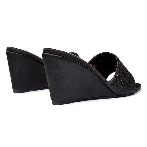 Eliza Slip On Mule Diamante Sandal Wedge Heels With Square Toe in Black