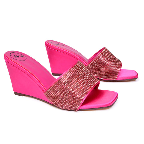 Eliza Slip On Mule Diamante Sandal Wedge Heels With Square Toe in Fuchsia