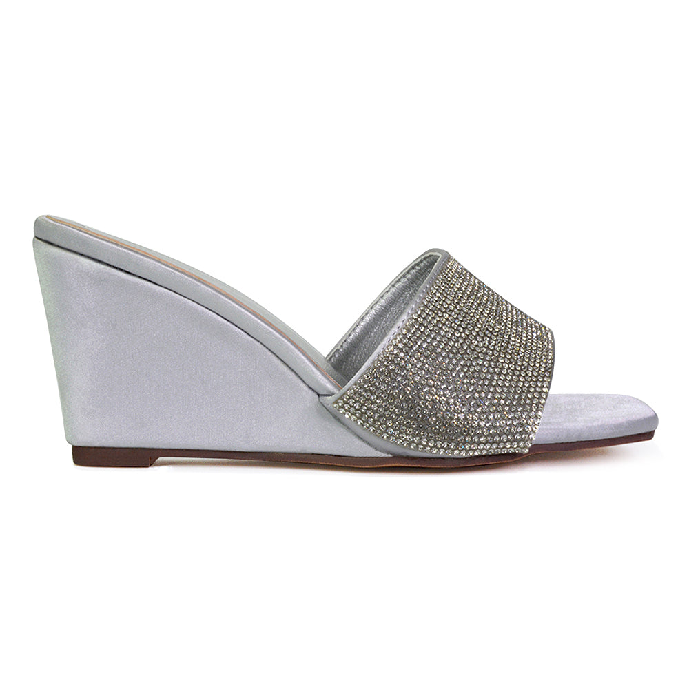 Eliza Slip On Mule Diamante Sandal Wedge Heels With Square Toe in Black