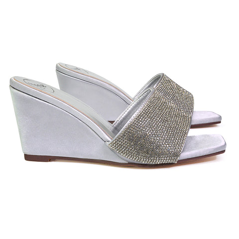 Eliza Slip On Mule Diamante Sandal Wedge Heels With Square Toe in Black