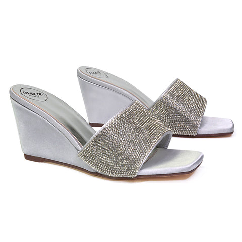 Eliza Slip On Mule Diamante Sandal Wedge Heels With Square Toe in Fuchsia