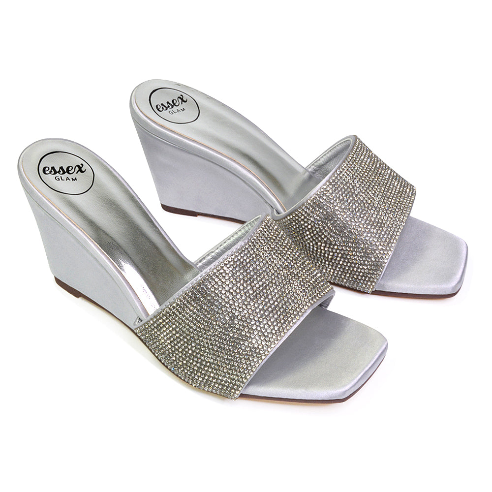 Eliza Slip On Mule Diamante Sandal Wedge Heels With Square Toe in Black