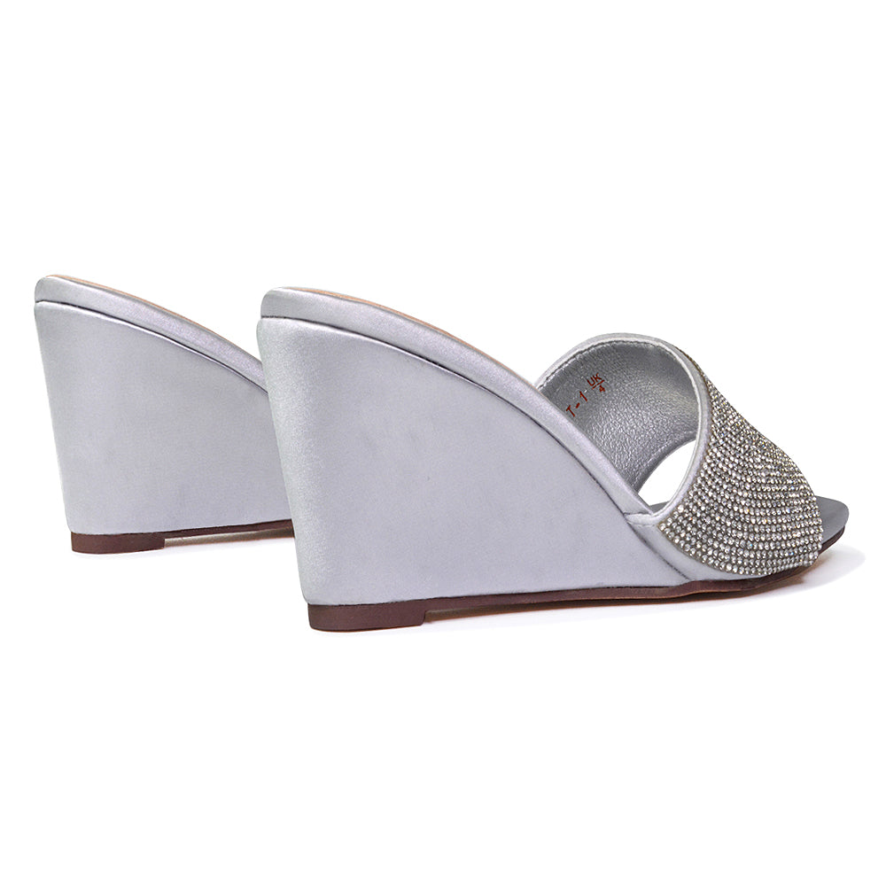 Eliza Slip On Mule Diamante Sandal Wedge Heels With Square Toe in Fuchsia