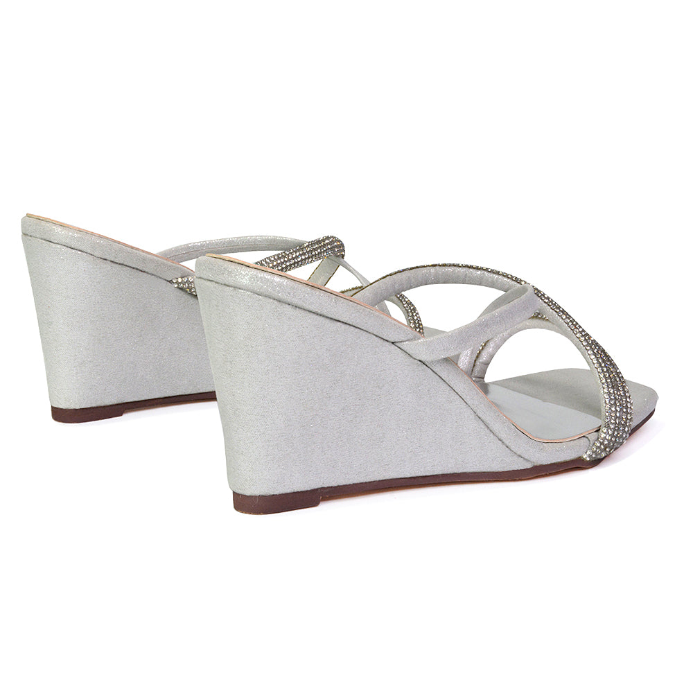 Kinsley Slip on Heeled Mules Diamante Strappy Square Toe Sandal Wedge Heel in Silver