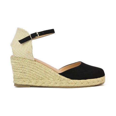 Rocky Closed Toe Strappy Espadrille Sandal Wedge Mid Heels in Gold