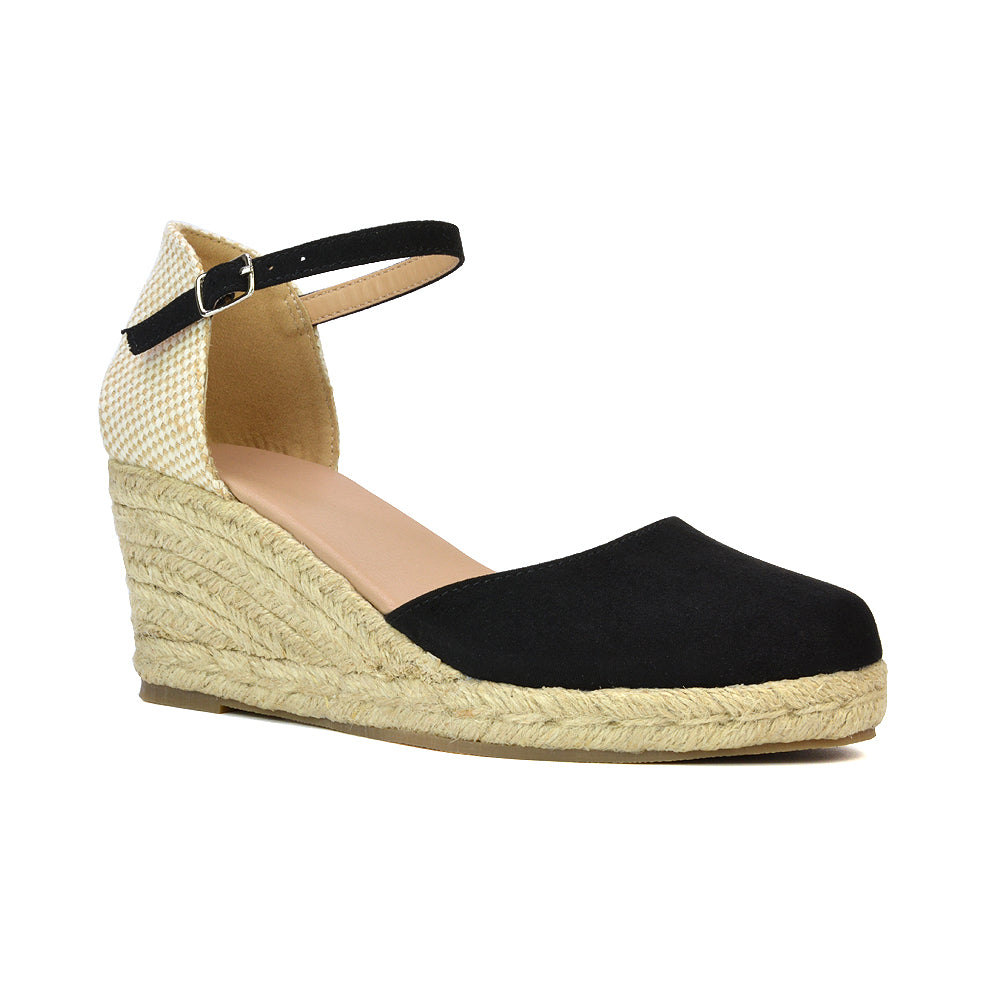 Rocky Closed Toe Strappy Espadrille Sandal Wedge Mid Heels in Gold