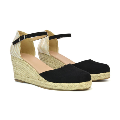 Rocky Closed Toe Strappy Espadrille Sandal Wedge Mid Heels in Gold