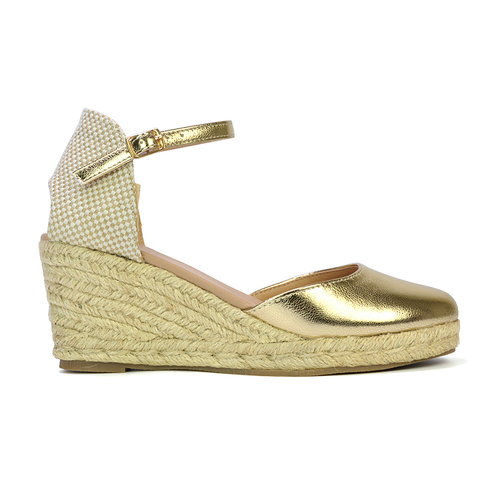 Rocky Closed Toe Strappy Espadrille Sandal Wedge Mid Heels in Silver