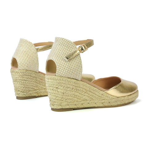 Rocky Closed Toe Strappy Espadrille Sandal Wedge Mid Heels in Gold