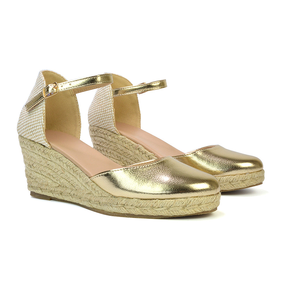 Rocky Closed Toe Strappy Espadrille Sandal Wedge Mid Heels in Gold