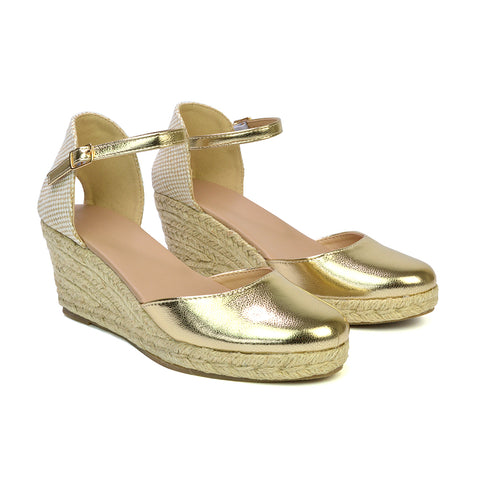 Rocky Closed Toe Strappy Espadrille Sandal Wedge Mid Heels in Gold