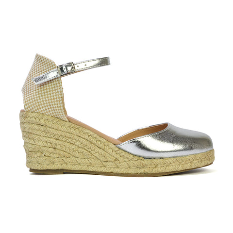 Rocky Closed Toe Strappy Espadrille Sandal Wedge Mid Heels in Gold