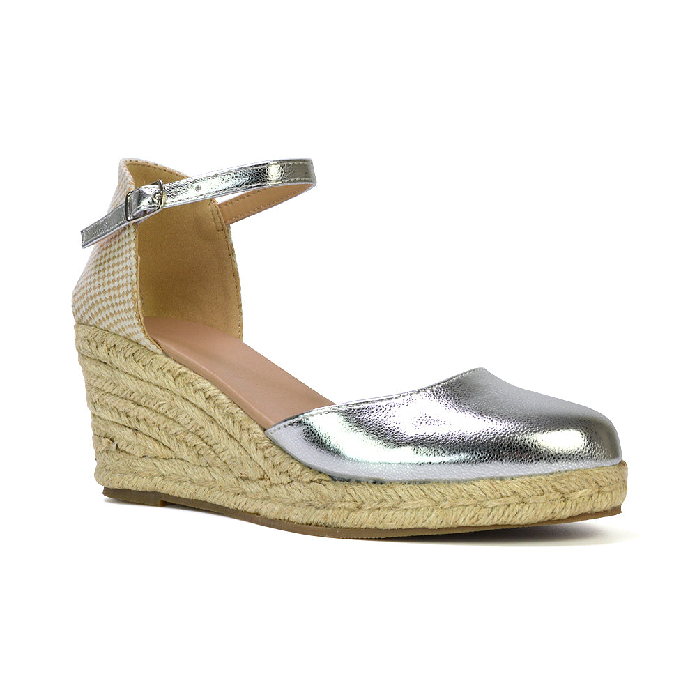 Rocky Closed Toe Strappy Espadrille Sandal Wedge Mid Heels in Silver