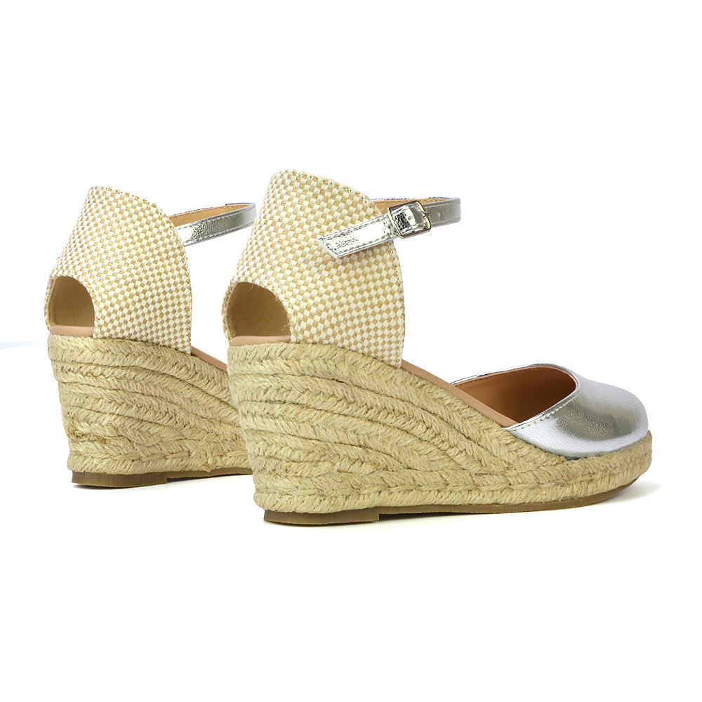 Rocky Closed Toe Strappy Espadrille Sandal Wedge Mid Heels in Silver