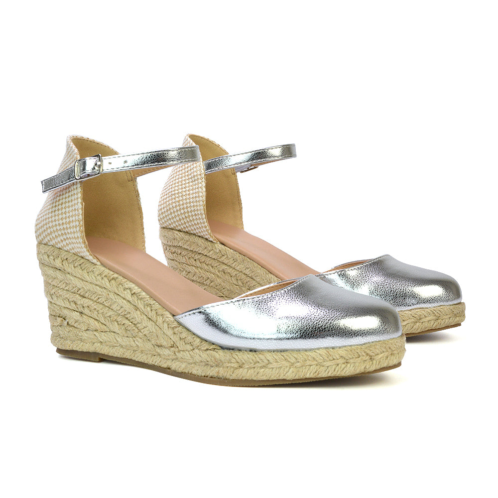 Rocky Closed Toe Strappy Espadrille Sandal Wedge Mid Heels in Gold