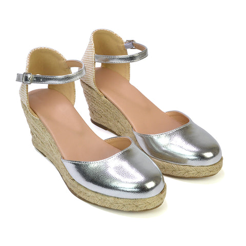 Rocky Closed Toe Strappy Espadrille Sandal Wedge Mid Heels in Silver