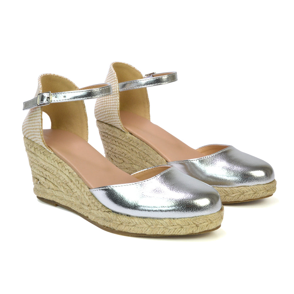 Rocky Closed Toe Strappy Espadrille Sandal Wedge Mid Heels in Gold