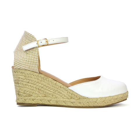 Rocky Closed Toe Strappy Espadrille Sandal Wedge Mid Heels in Gold