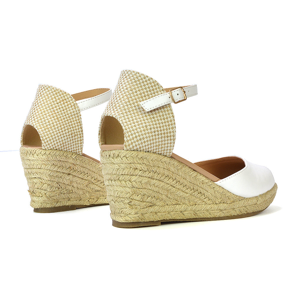 Rocky Closed Toe Strappy Espadrille Sandal Wedge Mid Heels in Gold