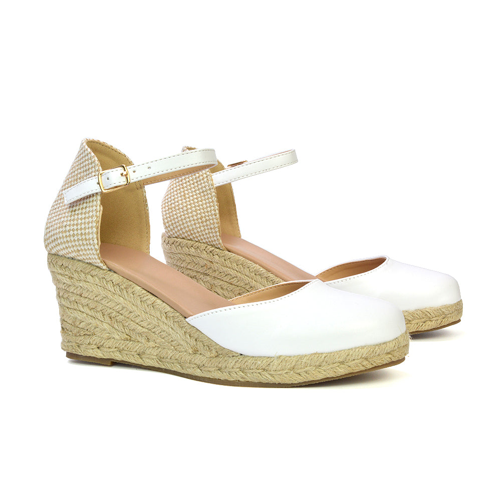 Rocky Closed Toe Strappy Espadrille Sandal Wedge Mid Heels in White
