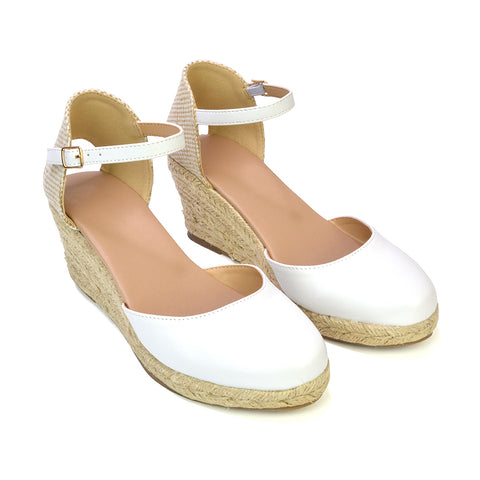 Rocky Closed Toe Strappy Espadrille Sandal Wedge Mid Heels in Silver