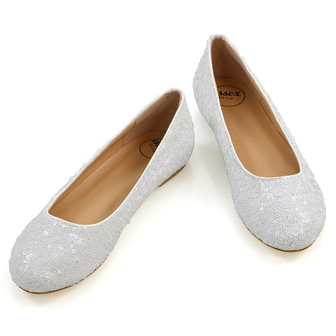 MARLEY FLAT SPARKLY SLIP ON BRIDAL WEDDING BALLERINA PUMP SHOES IN WHITE SEQUIN