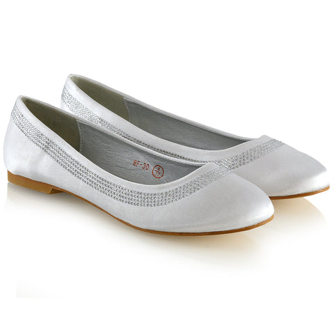 GEORGIE POINTED TOE SLIP ON FLAT DIAMANTE BALLET BALLERINA PUMP SHOES IN WHITE SATIN