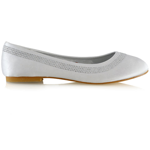 GEORGIE POINTED TOE SLIP ON FLAT DIAMANTE BALLET BALLERINA PUMP SHOES IN WHITE SATIN