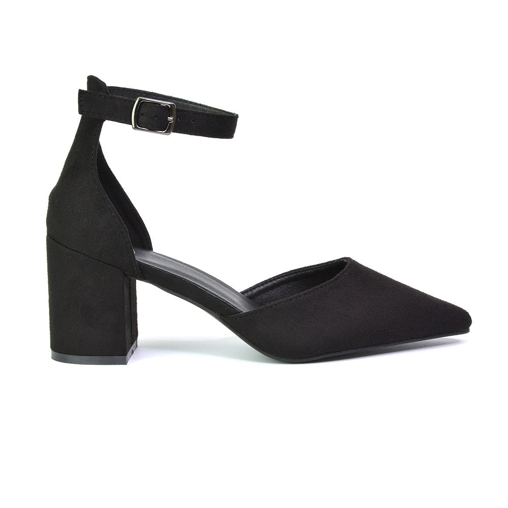 Bronte Pointed Toe Strappy Mid Block Heel Sandal Court Shoes in Black