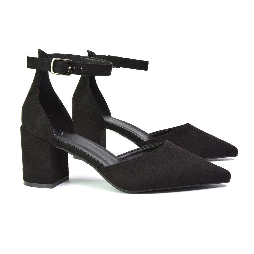 Bronte Pointed Toe Strappy Mid Block Heel Sandal Court Shoes in Black