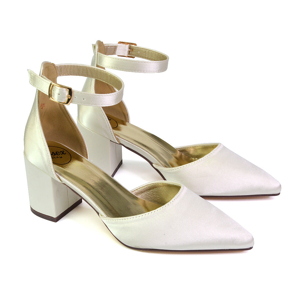 Bronte Pointed Toe Strappy Mid Block Heel Sandal Court Shoes in Ivory