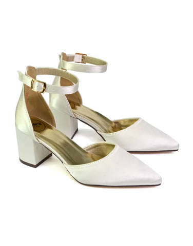 Bronte Pointed Toe Strappy Mid Block Heel Sandal Court Shoes in White