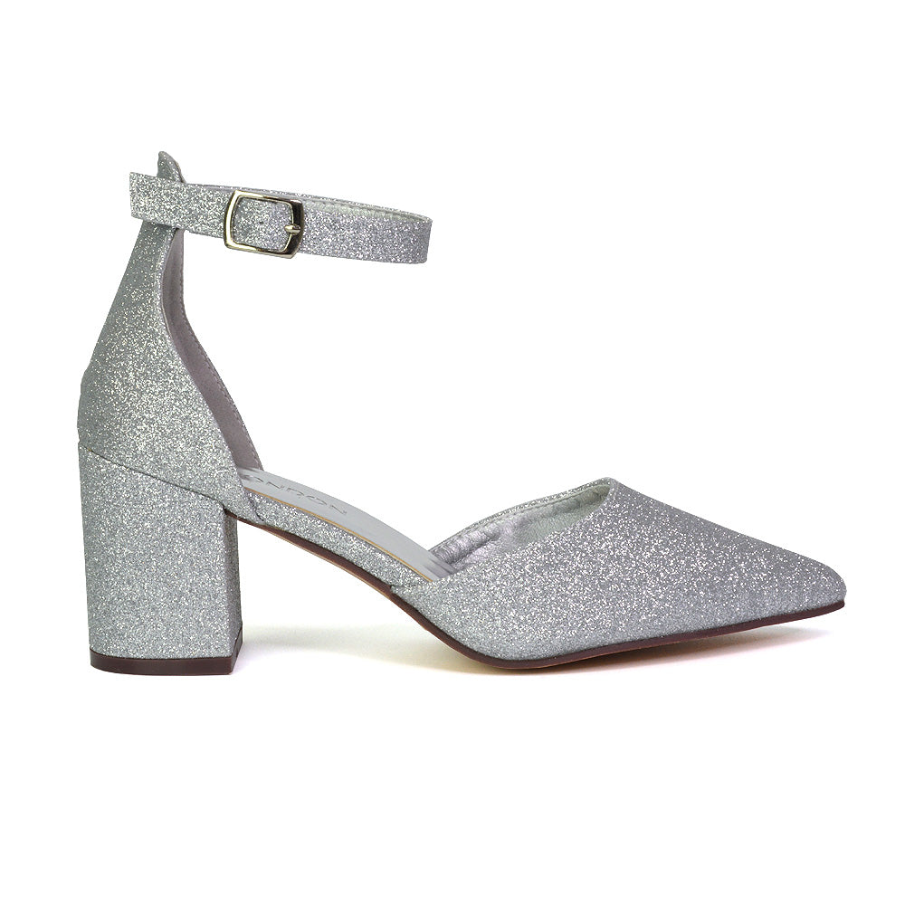 Bronte Pointed Toe Strappy Mid Block Heel Sandal Court Shoes in Silver