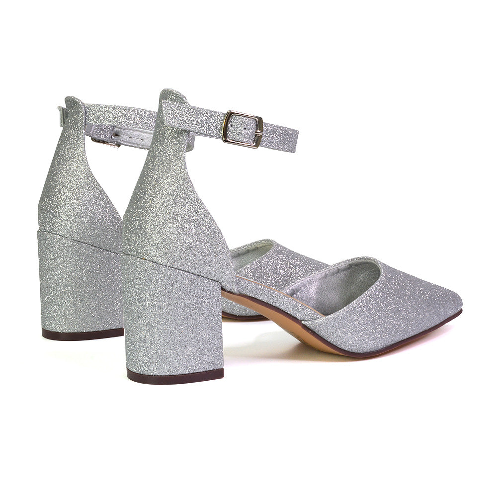 Bronte Pointed Toe Strappy Mid Block Heel Sandal Court Shoes in Silver