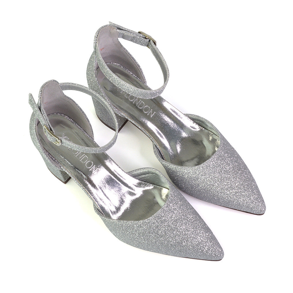Bronte Pointed Toe Strappy Mid Block Heel Sandal Court Shoes in Silver