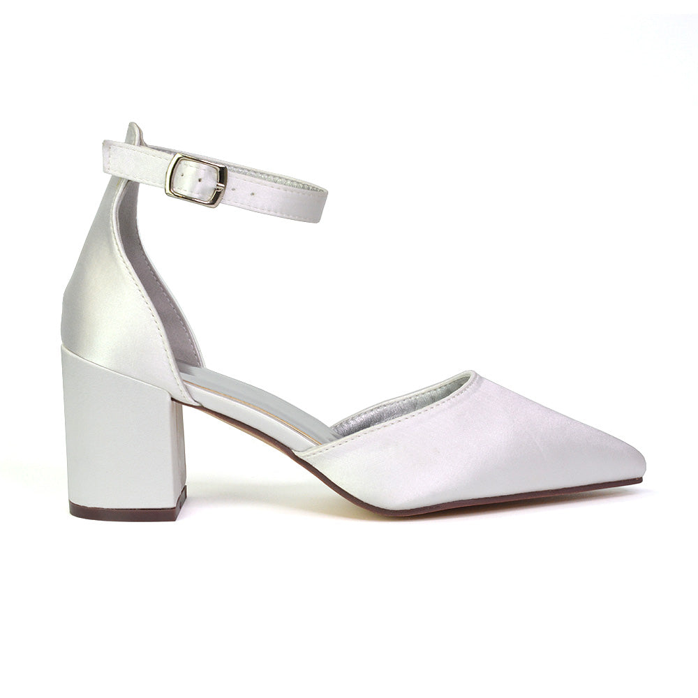 Bronte Pointed Toe Strappy Mid Block Heel Sandal Court Shoes in White