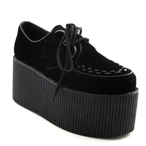 VICKY HIGH FLATFORM WEDGE HIGH HEEL TRIPLE CREEPER SHOES IN BLACK FAUX SUEDE