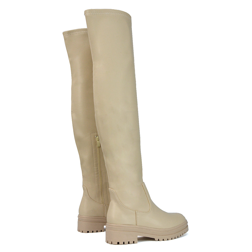 Rosalia Flat Chunky Sole Over the Knee Thigh High Long Boots in Nude Faux Suede